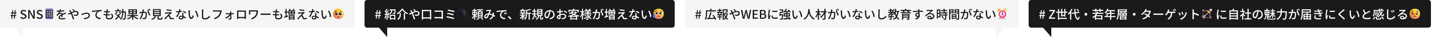 # SNS　をやっても効果が見えないしフォロワーも増えない # 紹介や口コミ 　頼みで、新規のお客様が増えない # 広報やWEBに強い人材がいないし教育する時間がない # Z世代・若年層・ターゲット　 に自社の魅力が届きにくいと感じる